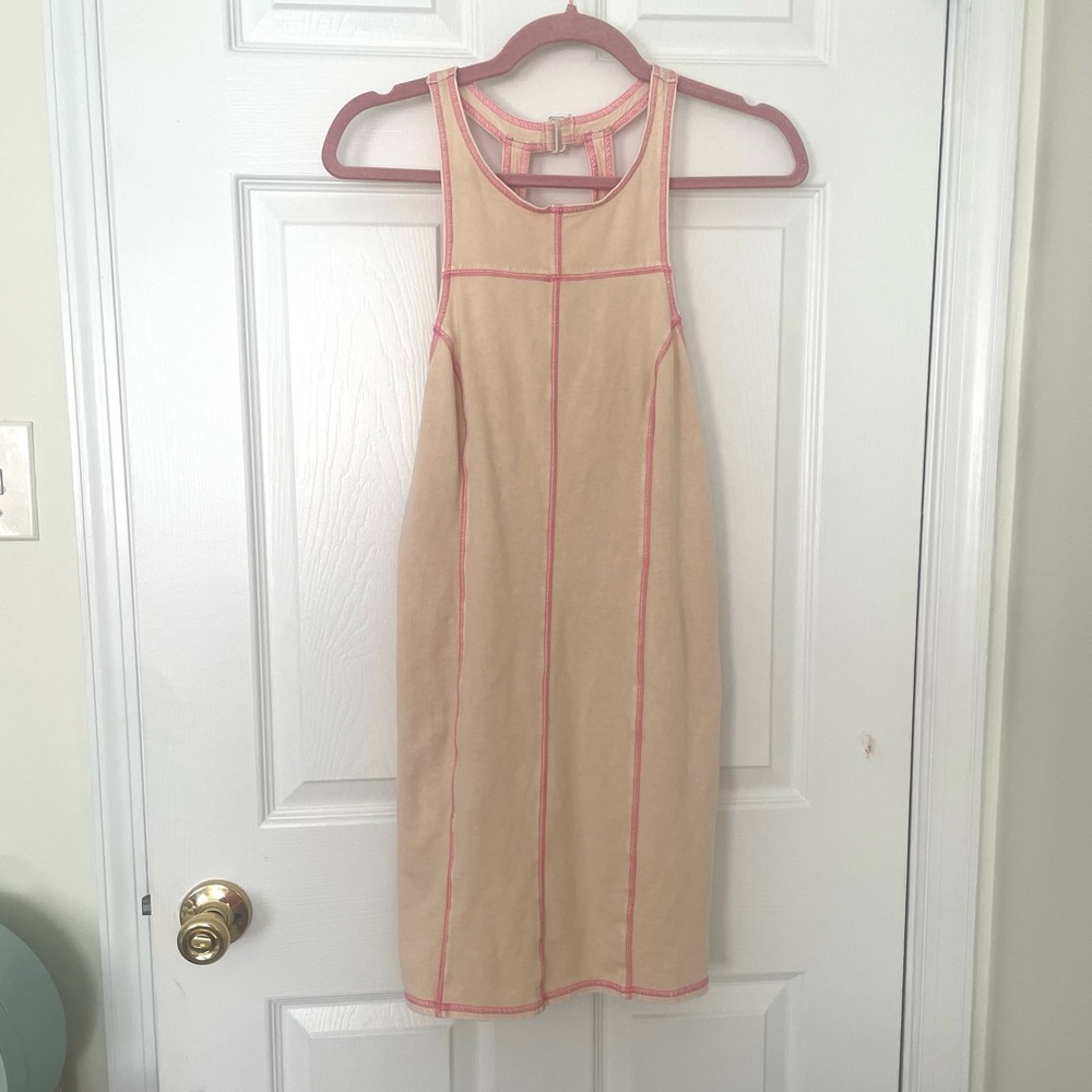 FREE PEOPLE INTIMATELY CREAM COTTON DRESS WITH PINK STITCHING
